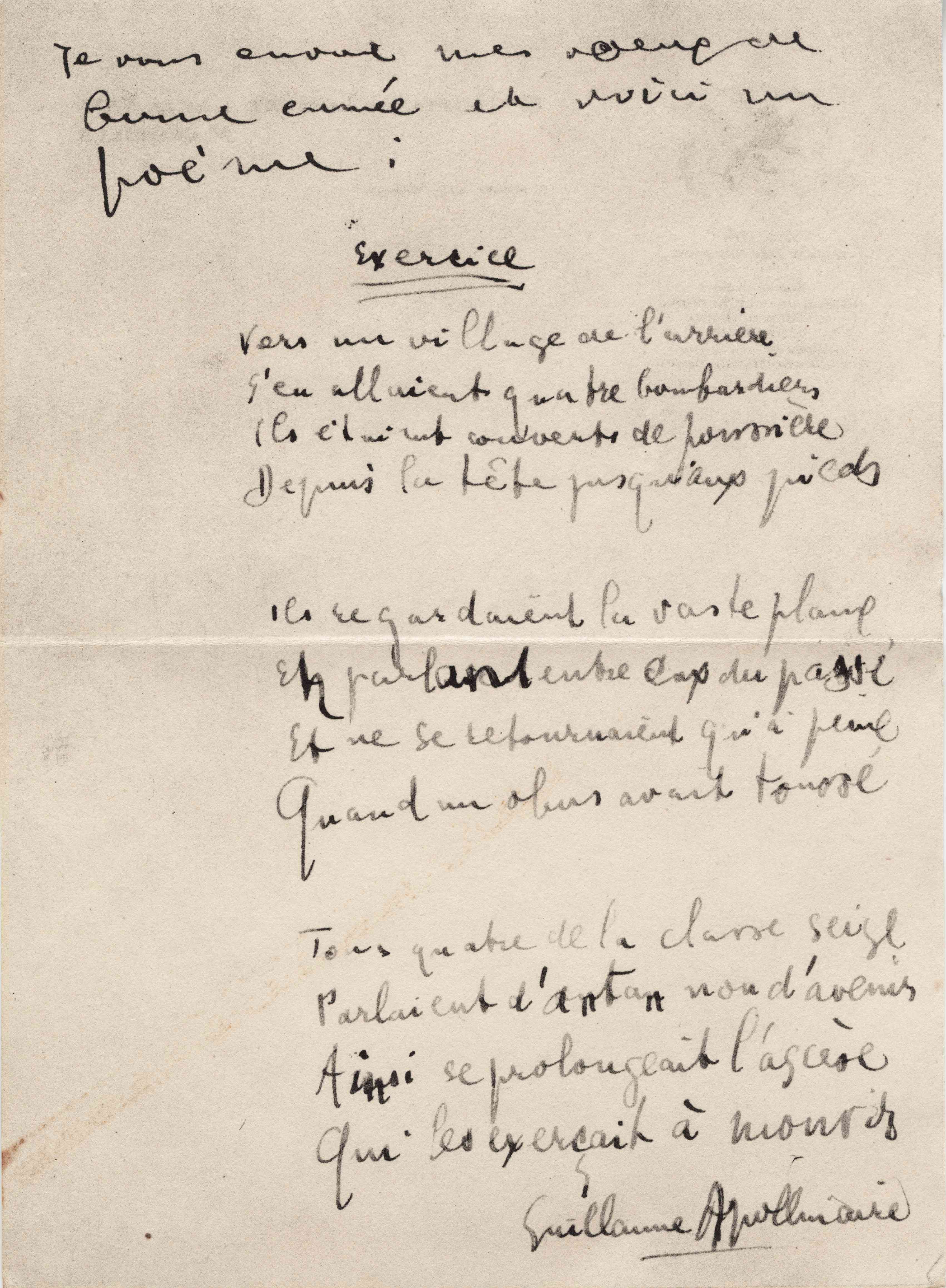 Manoscritto del poema Exercice, di Guillame Apollinaire, scritto per Madeleine Pagès nel 1915.